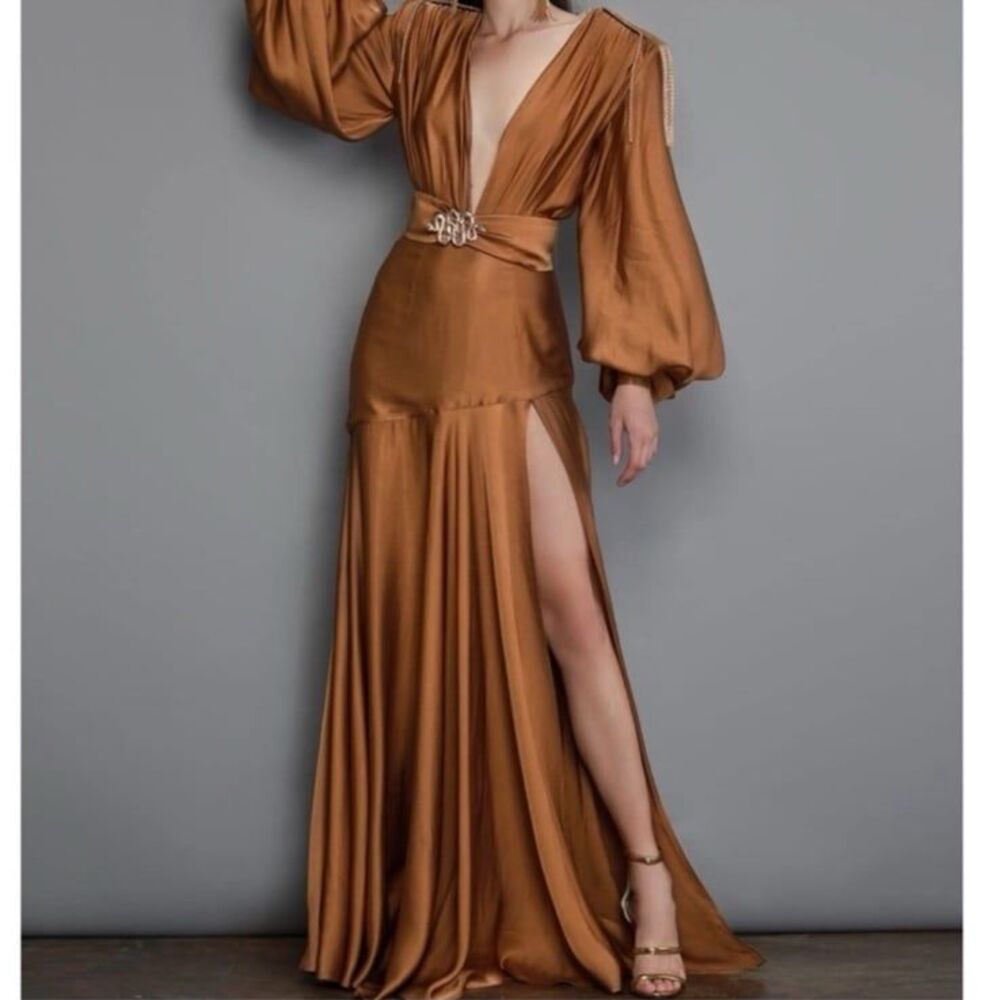 NWT Bronx and Banco Blouson-Sleeve Silk Carmen Dress in Gold Size 6 - Picture 4 of 12